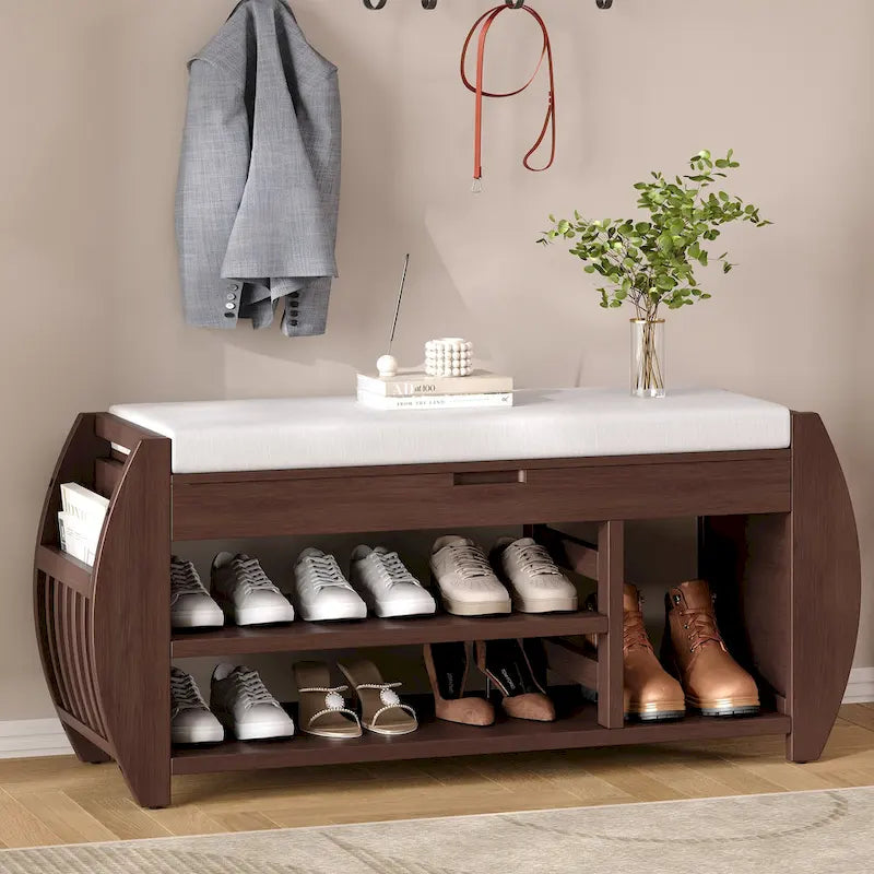 Banc de rangement pour chaussures avec coussin et côté incurvé