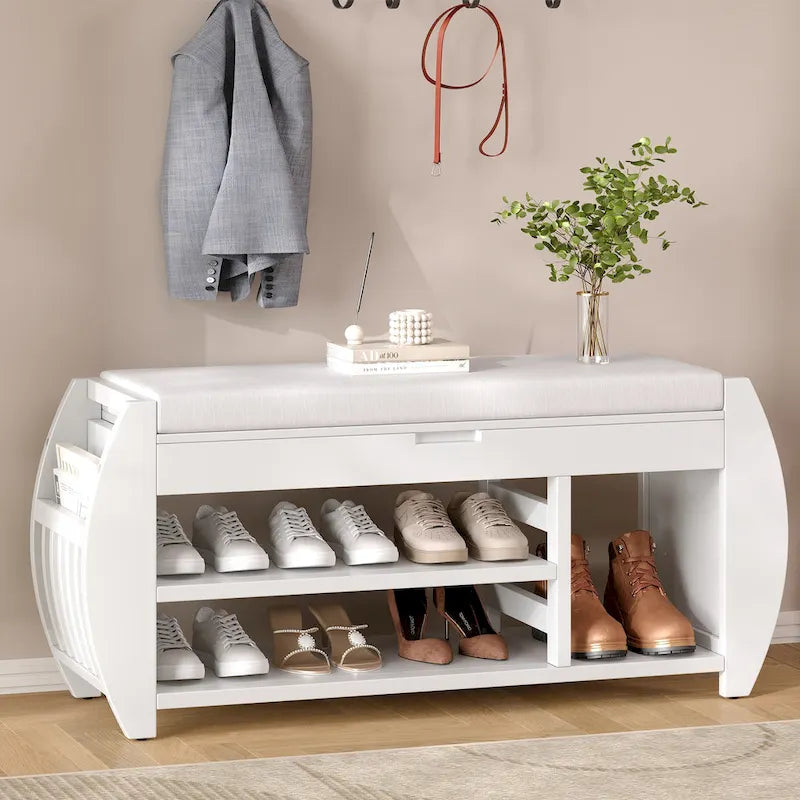 Banc de rangement pour chaussures avec coussin et côté incurvé