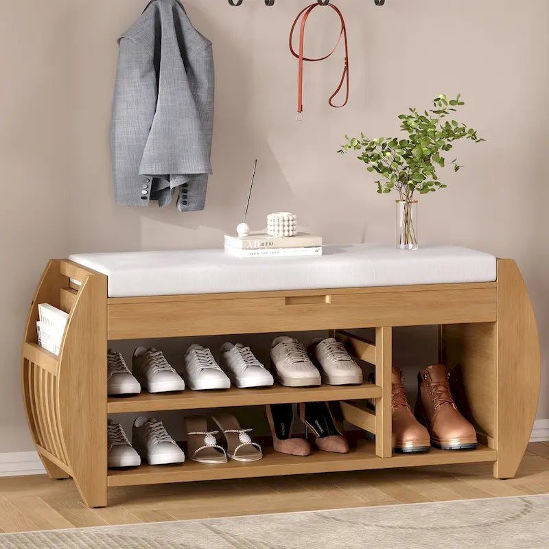 Banc de rangement pour chaussures avec coussin et côté incurvé