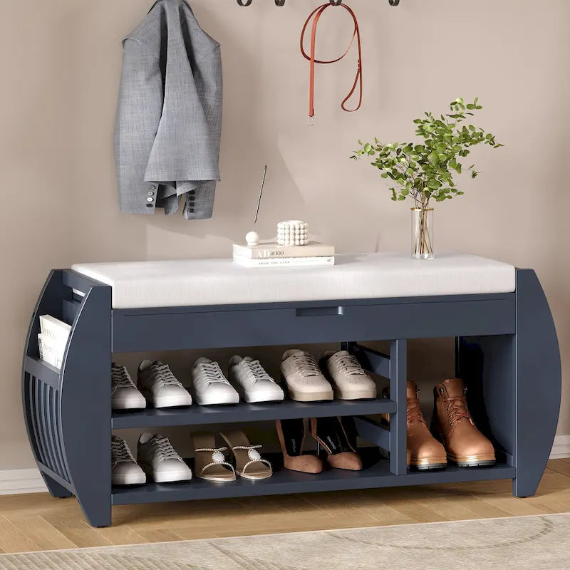Banc de rangement pour chaussures avec coussin et côté incurvé