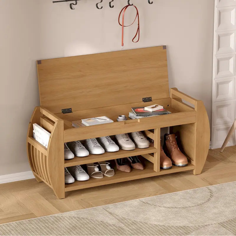 Banc de rangement pour chaussures avec coussin et côté incurvé