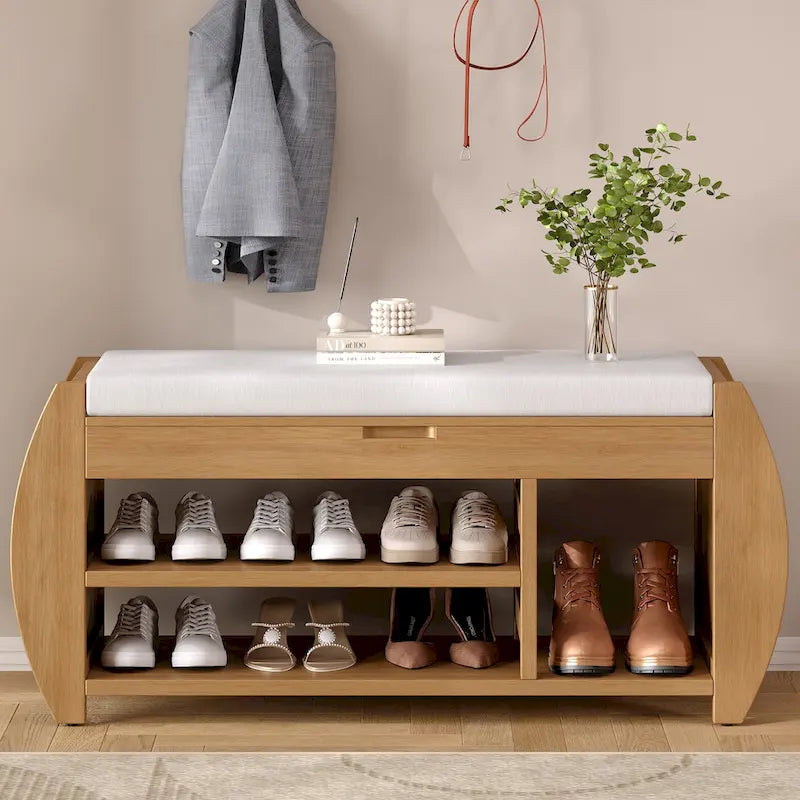 Banc de rangement pour chaussures avec coussin et côté incurvé