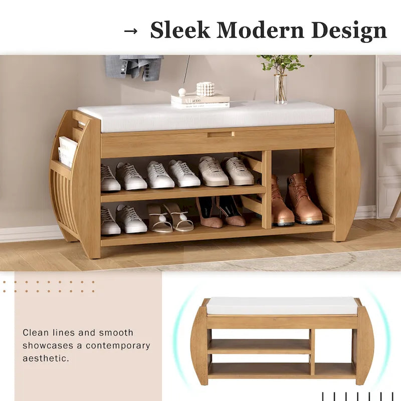 Banc de rangement pour chaussures avec coussin et côté incurvé
