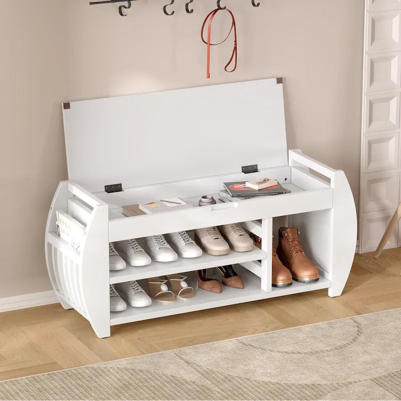 Banc de rangement pour chaussures avec coussin et côté incurvé