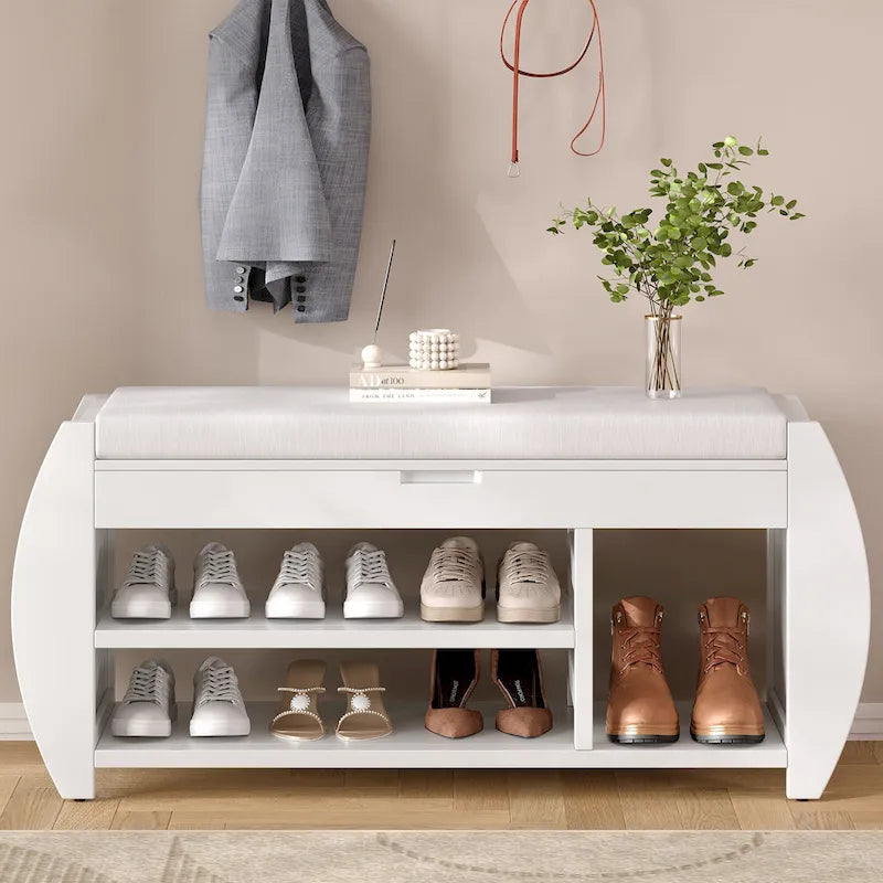 Banc de rangement pour chaussures avec coussin et côté incurvé