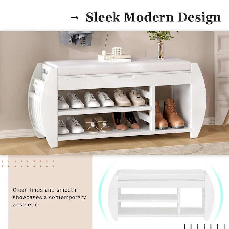 Banc de rangement pour chaussures avec coussin et côté incurvé