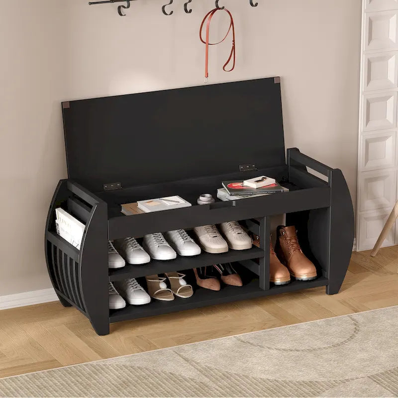 Banc de rangement pour chaussures avec coussin et côté incurvé