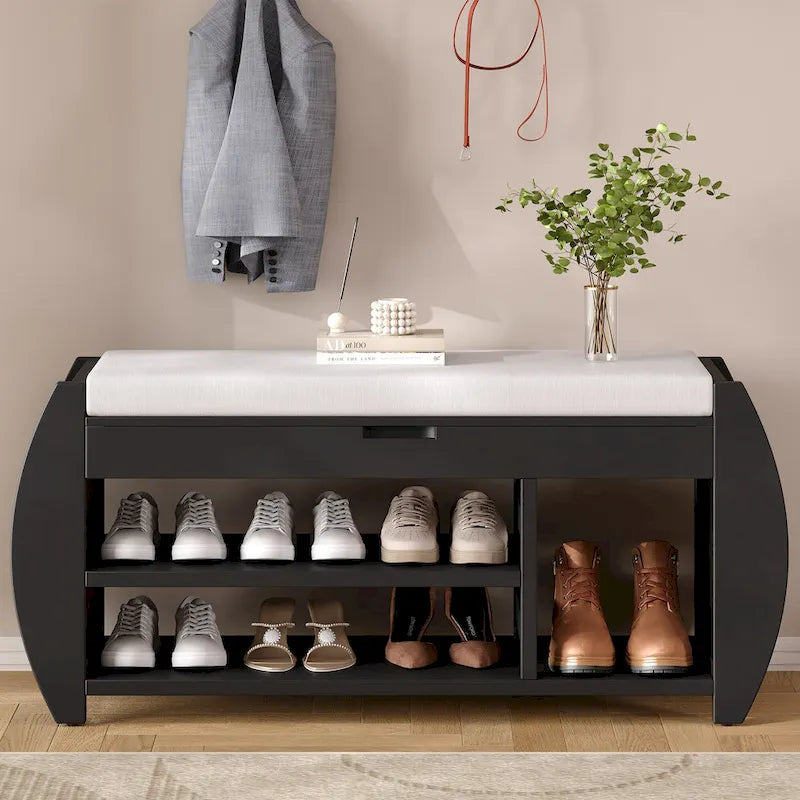 Banc de rangement pour chaussures avec coussin et côté incurvé