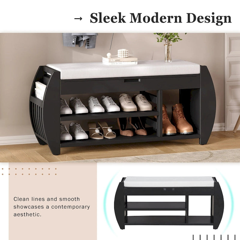 Banc de rangement pour chaussures avec coussin et côté incurvé