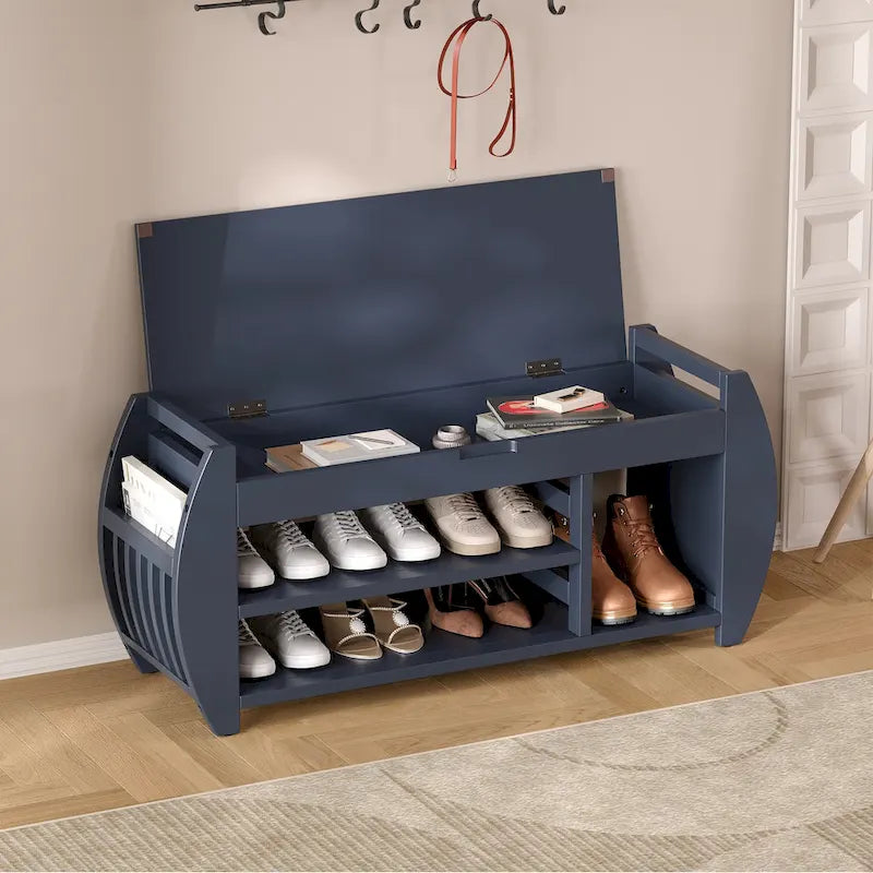 Banc de rangement pour chaussures avec coussin et côté incurvé
