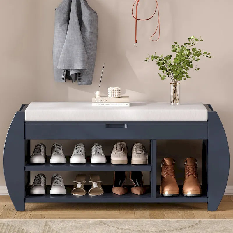 Banc de rangement pour chaussures avec coussin et côté incurvé