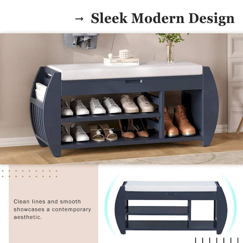 Banc de rangement pour chaussures avec coussin et côté incurvé