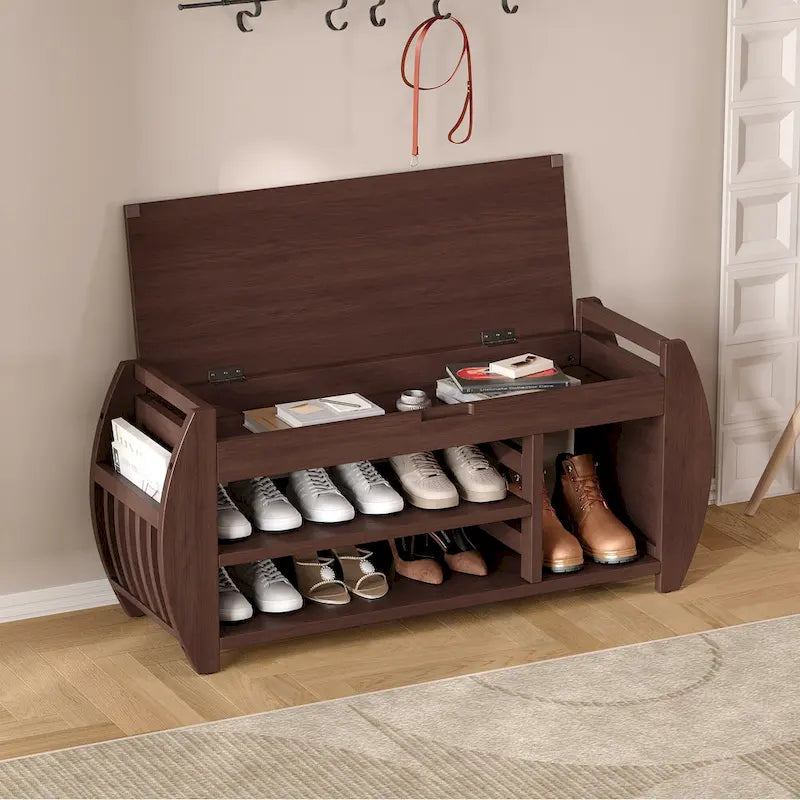 Banc de rangement pour chaussures avec coussin et côté incurvé