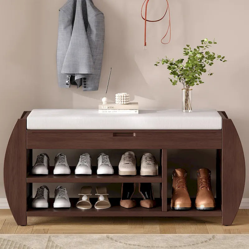 Banc de rangement pour chaussures avec coussin et côté incurvé