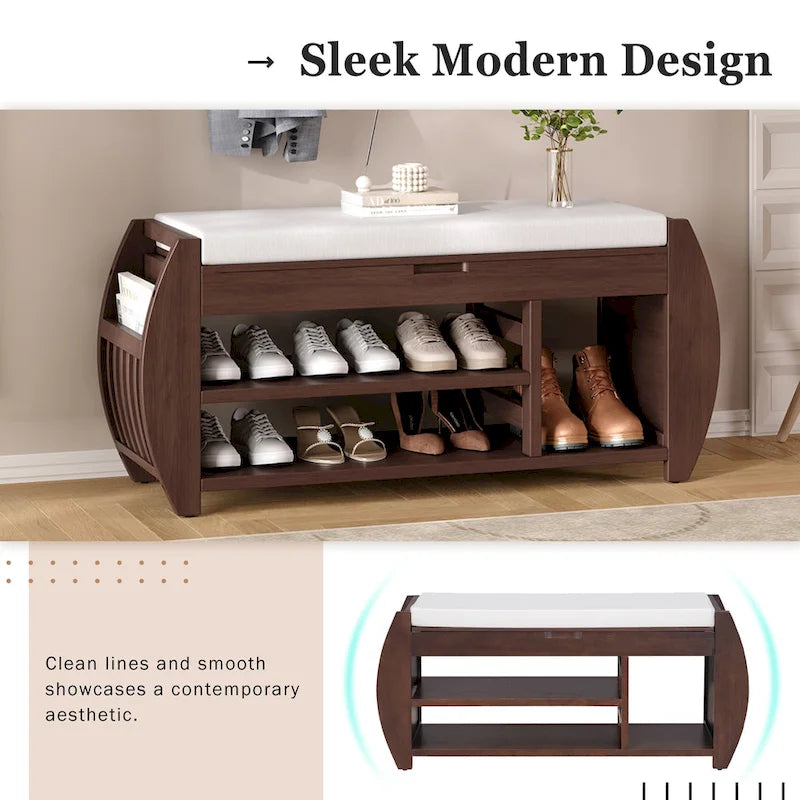 Banc de rangement pour chaussures avec coussin et côté incurvé