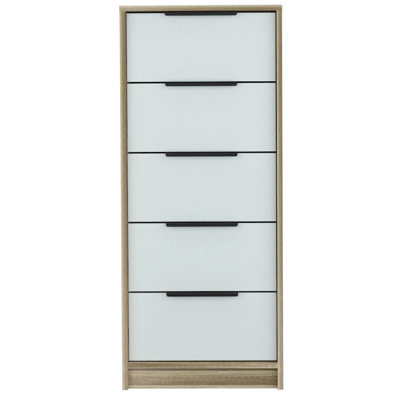 Commode moderne en bois à 5 tiroirs avec glissières et poignées métalliques