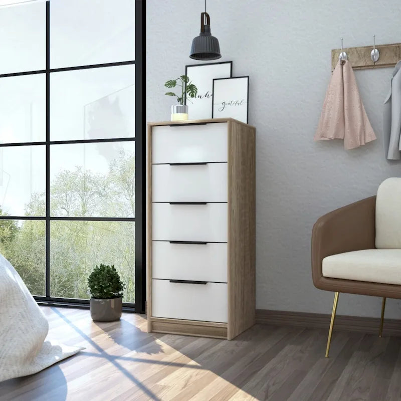 Commode moderne en bois à 5 tiroirs avec glissières et poignées métalliques