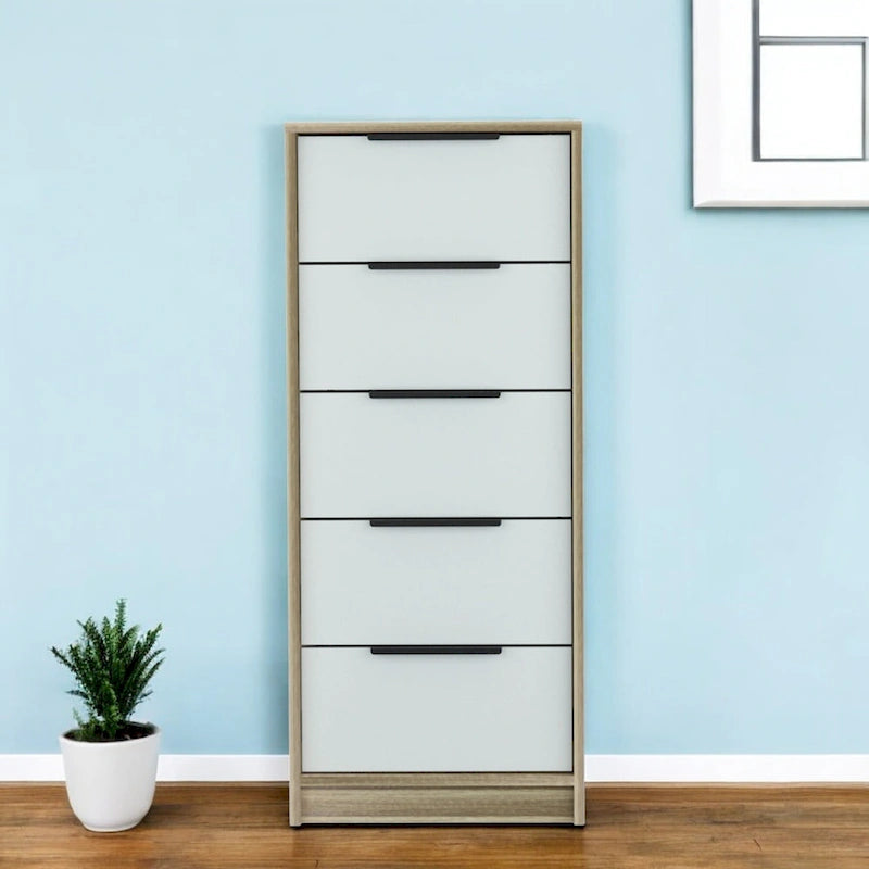 Commode moderne en bois à 5 tiroirs avec glissières et poignées métalliques