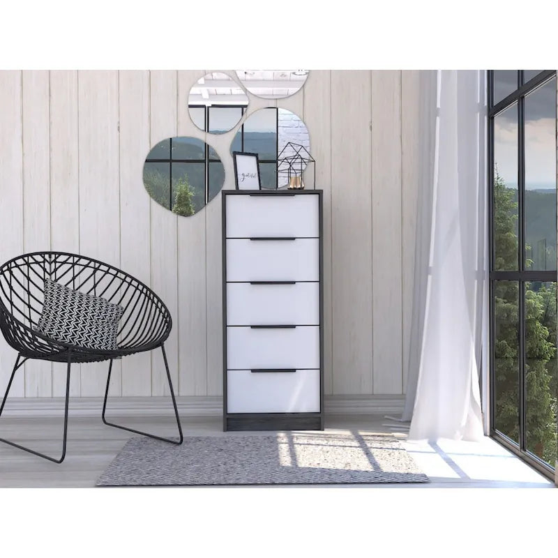 Commode moderne en bois à 5 tiroirs avec glissières et poignées métalliques