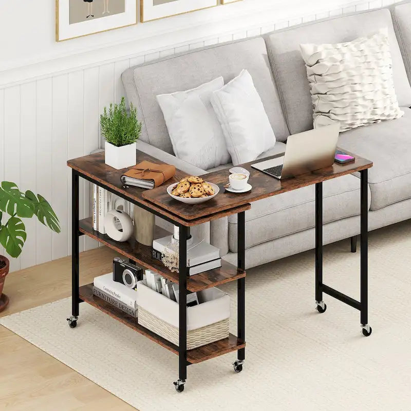 Gymax Table d'appoint de canapé pivotante à 360°, support mobile pour ordinateur portable en forme de L - Voir les détails