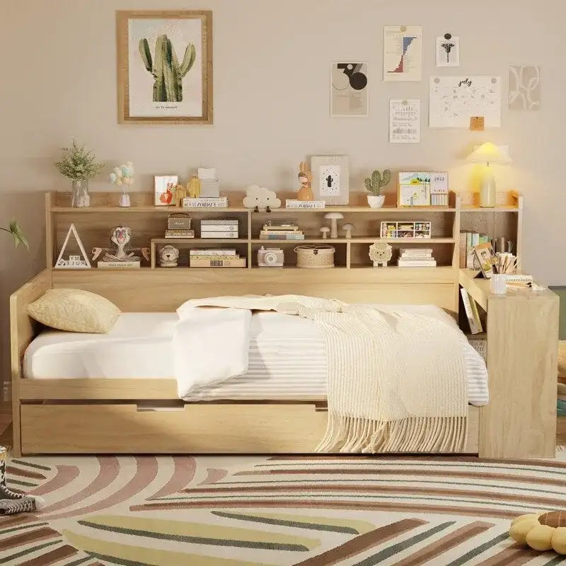 Lit de jour multifonctionnel double/grand format avec étagères de rangement et bureau, cadre de lit plateforme en bois avec lit gigogne double