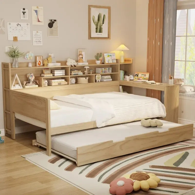 Lit de jour multifonctionnel double/grand format avec étagères de rangement et bureau, cadre de lit plateforme en bois avec lit gigogne double