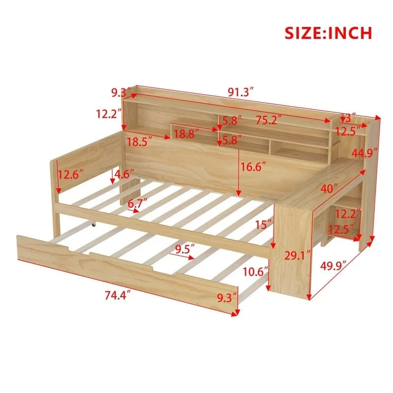 Lit de jour multifonctionnel double/grand format avec étagères de rangement et bureau, cadre de lit plateforme en bois avec lit gigogne double