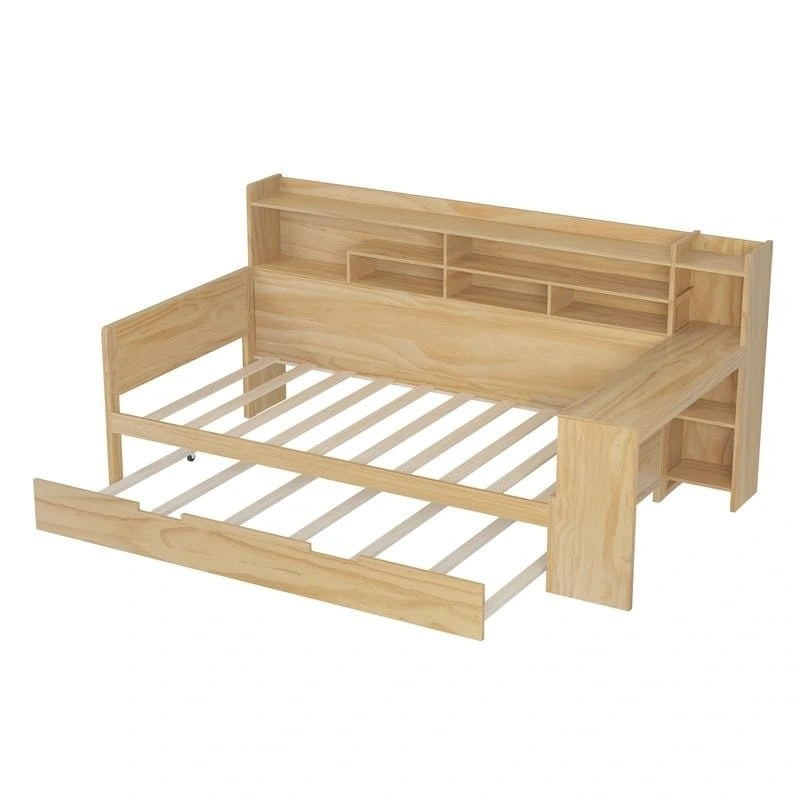 Lit de jour multifonctionnel double/grand format avec étagères de rangement et bureau, cadre de lit plateforme en bois avec lit gigogne double