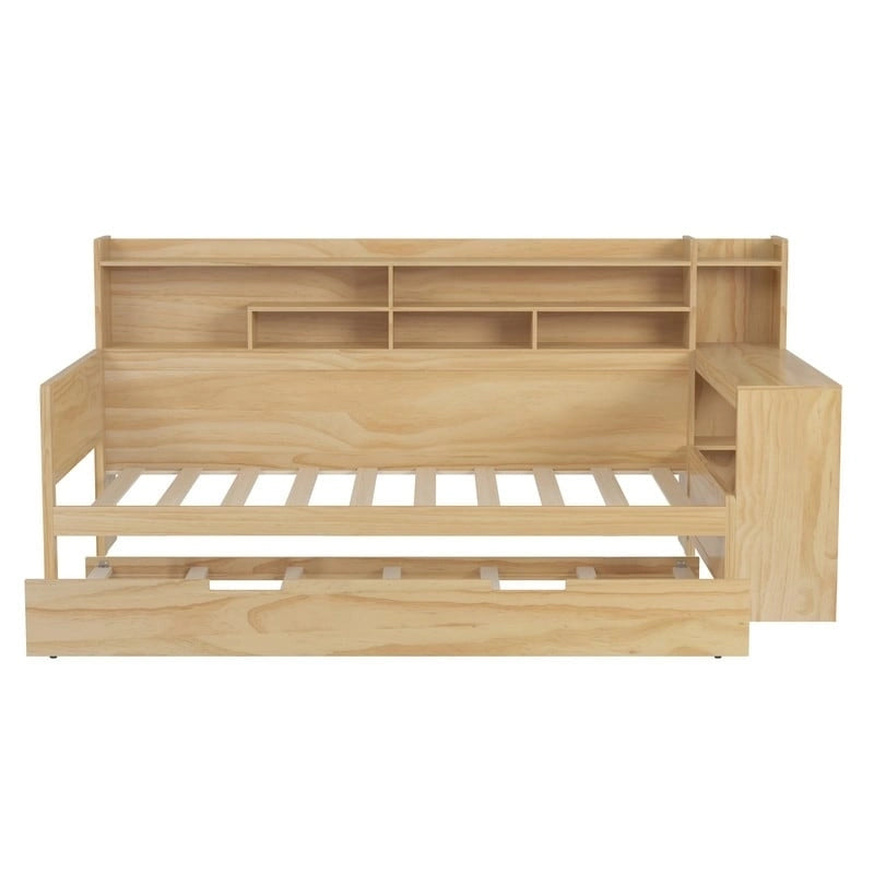 Lit de jour multifonctionnel double/grand format avec étagères de rangement et bureau, cadre de lit plateforme en bois avec lit gigogne double