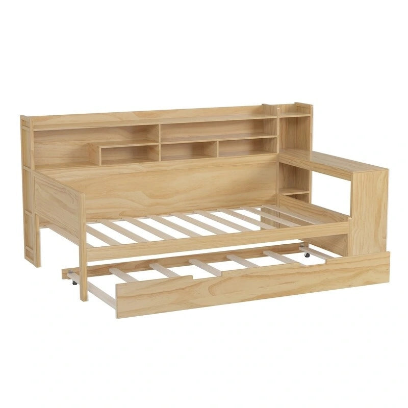 Lit de jour multifonctionnel double/grand format avec étagères de rangement et bureau, cadre de lit plateforme en bois avec lit gigogne double