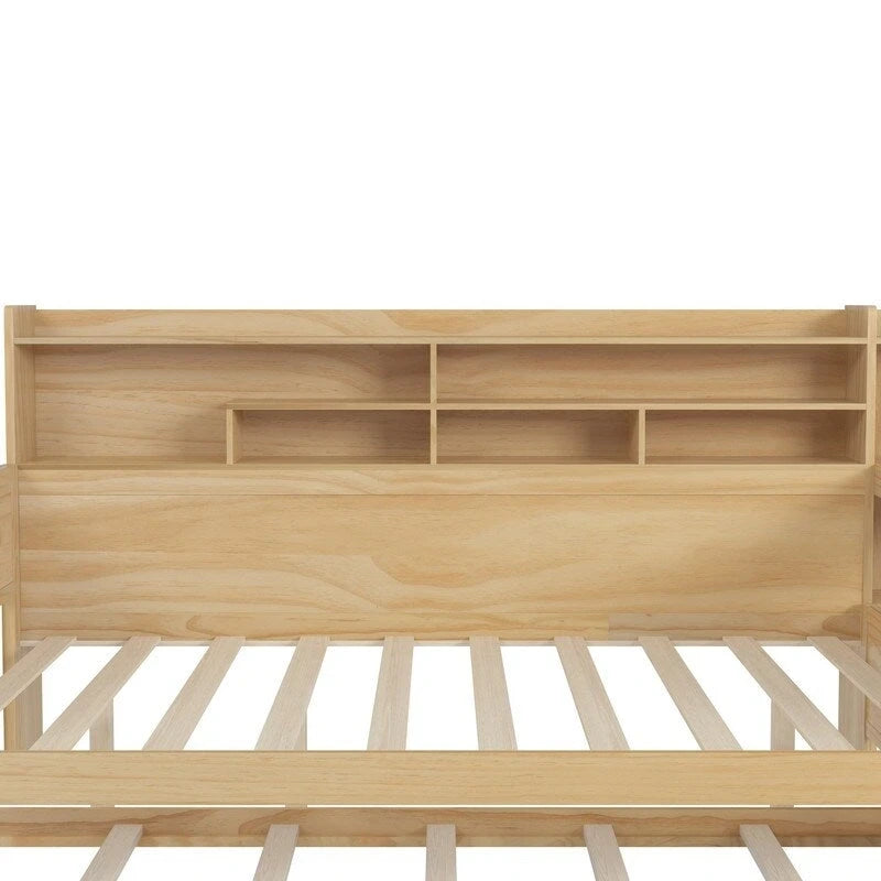 Lit de jour multifonctionnel double/grand format avec étagères de rangement et bureau, cadre de lit plateforme en bois avec lit gigogne double
