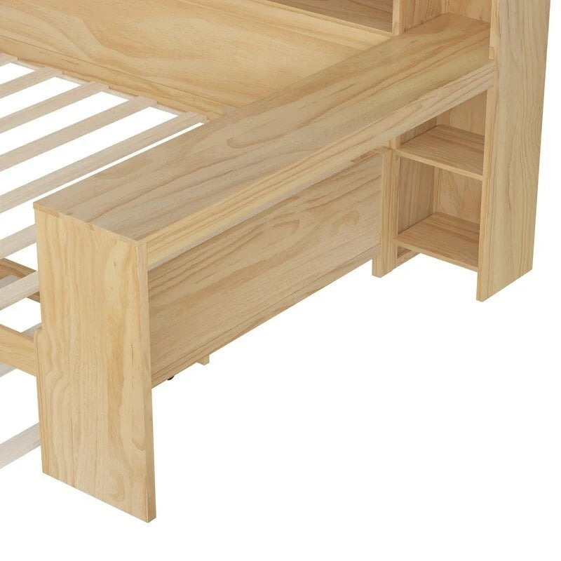 Lit de jour multifonctionnel double/grand format avec étagères de rangement et bureau, cadre de lit plateforme en bois avec lit gigogne double
