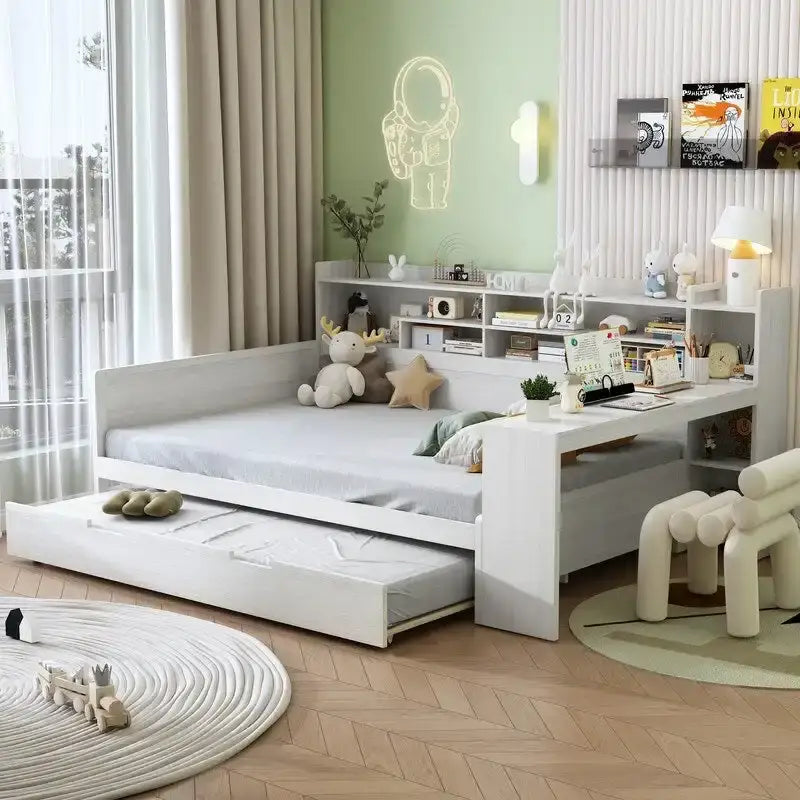Lit de jour multifonctionnel double/grand format avec étagères de rangement et bureau, cadre de lit plateforme en bois avec lit gigogne double