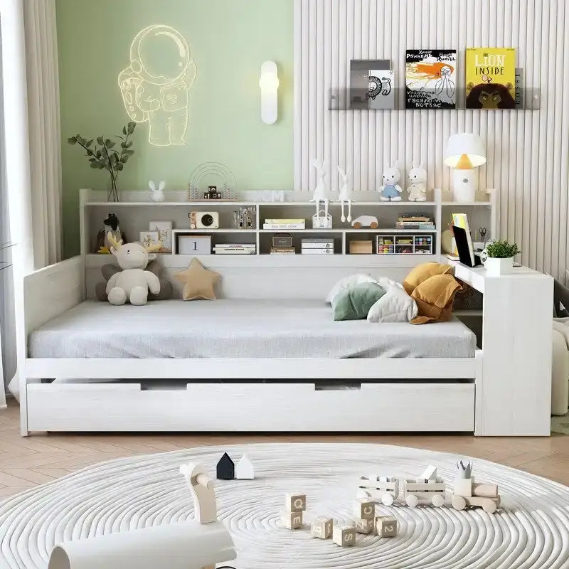 Lit de jour multifonctionnel double/grand format avec étagères de rangement et bureau, cadre de lit plateforme en bois avec lit gigogne double