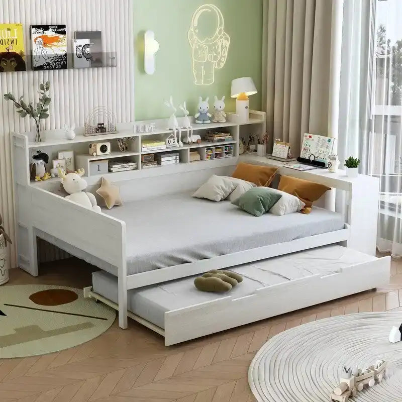 Lit de jour multifonctionnel double/grand format avec étagères de rangement et bureau, cadre de lit plateforme en bois avec lit gigogne double
