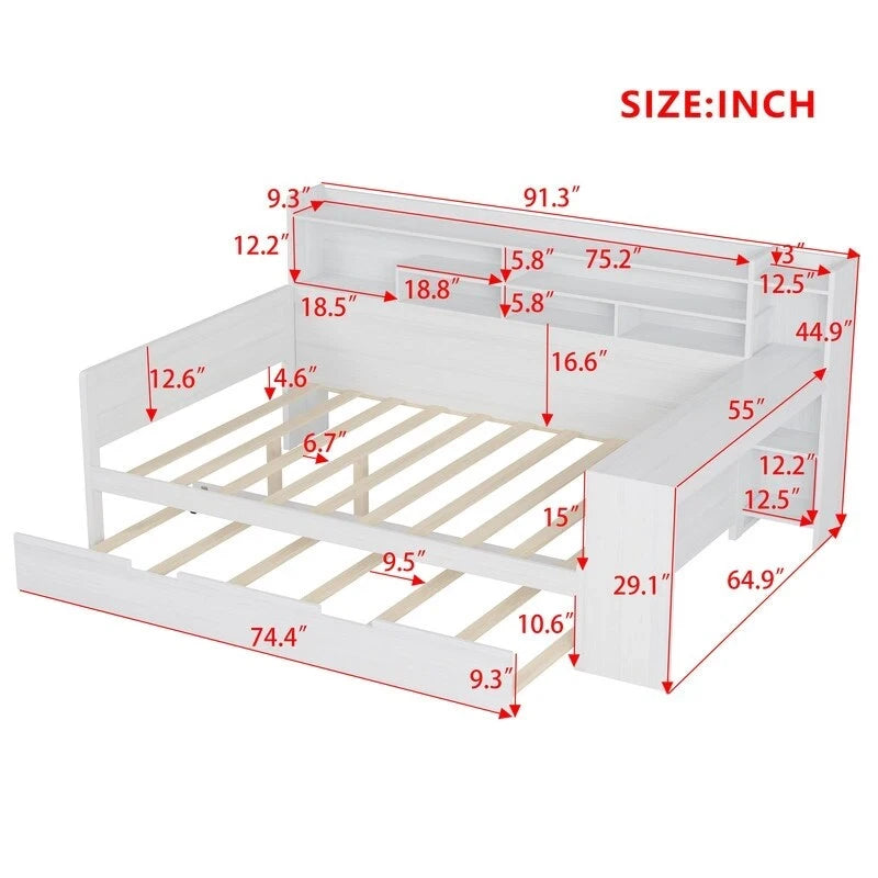 Lit de jour multifonctionnel double/grand format avec étagères de rangement et bureau, cadre de lit plateforme en bois avec lit gigogne double
