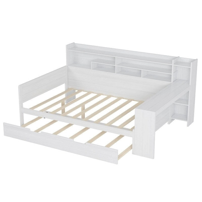 Lit de jour multifonctionnel double/grand format avec étagères de rangement et bureau, cadre de lit plateforme en bois avec lit gigogne double