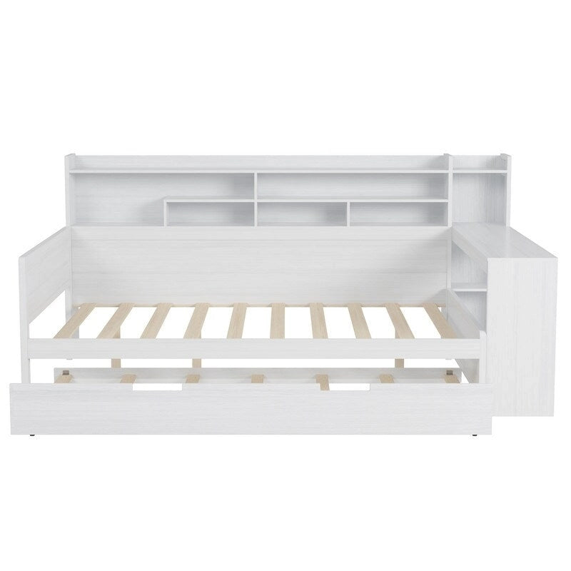 Lit de jour multifonctionnel double/grand format avec étagères de rangement et bureau, cadre de lit plateforme en bois avec lit gigogne double
