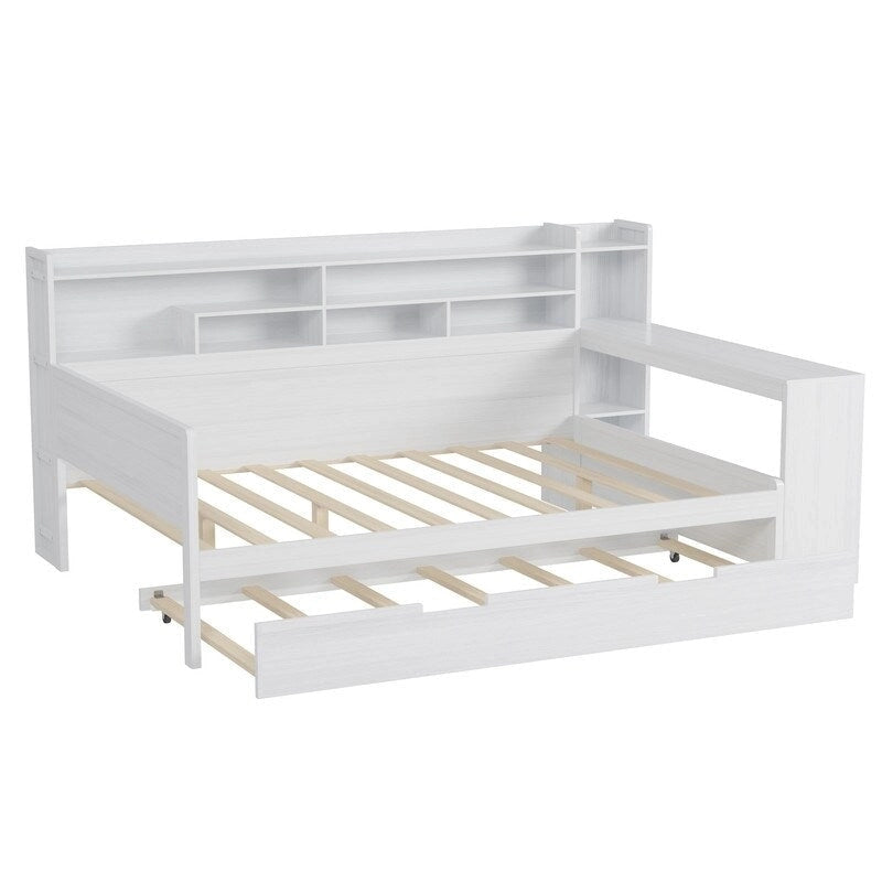 Lit de jour multifonctionnel double/grand format avec étagères de rangement et bureau, cadre de lit plateforme en bois avec lit gigogne double