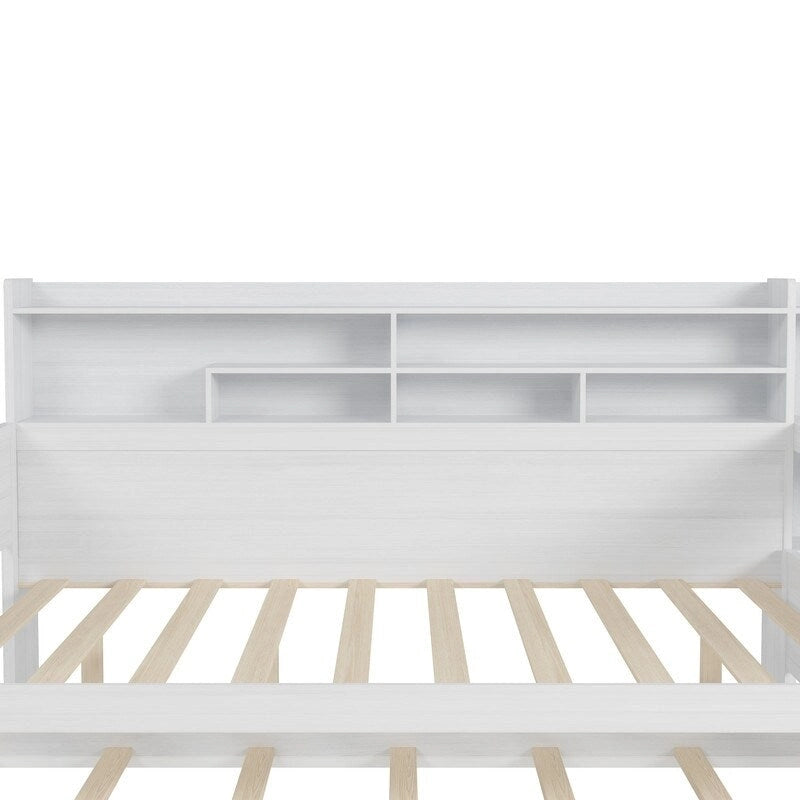 Lit de jour multifonctionnel double/grand format avec étagères de rangement et bureau, cadre de lit plateforme en bois avec lit gigogne double