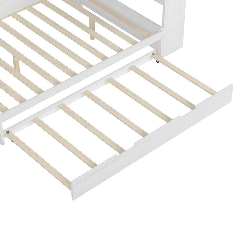 Lit de jour multifonctionnel double/grand format avec étagères de rangement et bureau, cadre de lit plateforme en bois avec lit gigogne double