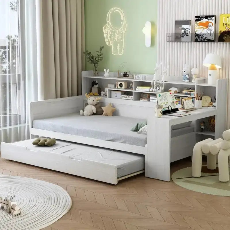 Lit de jour multifonctionnel double/grand format avec étagères de rangement et bureau, cadre de lit plateforme en bois avec lit gigogne double