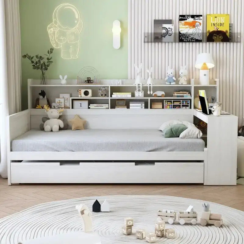 Lit de jour multifonctionnel double/grand format avec étagères de rangement et bureau, cadre de lit plateforme en bois avec lit gigogne double