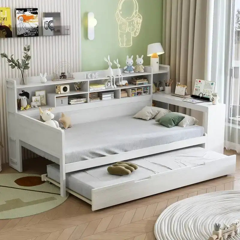 Lit de jour multifonctionnel double/grand format avec étagères de rangement et bureau, cadre de lit plateforme en bois avec lit gigogne double