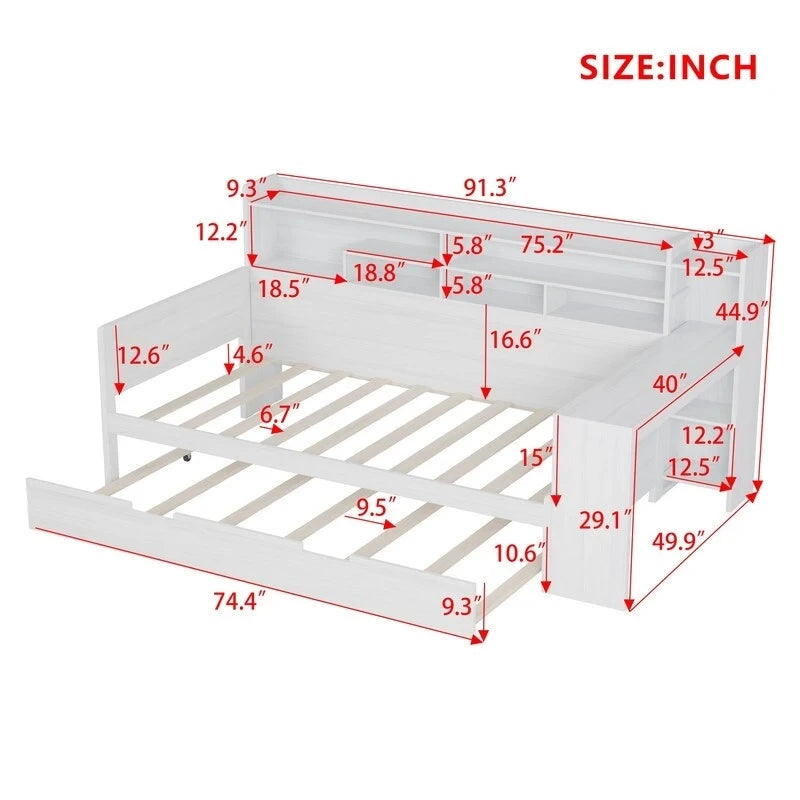 Lit de jour multifonctionnel double/grand format avec étagères de rangement et bureau, cadre de lit plateforme en bois avec lit gigogne double