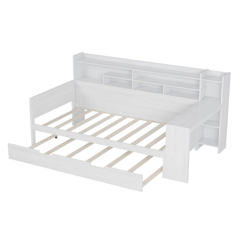 Lit de jour multifonctionnel double/grand format avec étagères de rangement et bureau, cadre de lit plateforme en bois avec lit gigogne double