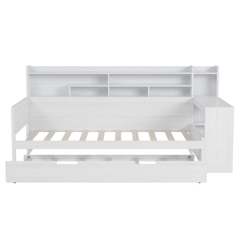 Lit de jour multifonctionnel double/grand format avec étagères de rangement et bureau, cadre de lit plateforme en bois avec lit gigogne double