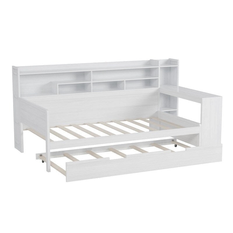 Lit de jour multifonctionnel double/grand format avec étagères de rangement et bureau, cadre de lit plateforme en bois avec lit gigogne double