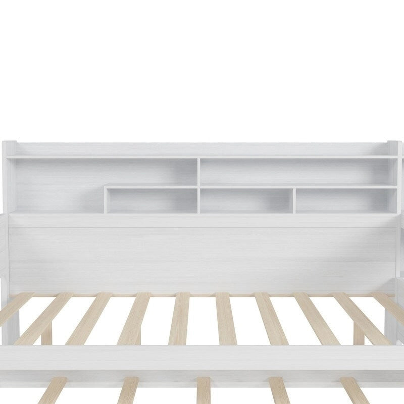 Lit de jour multifonctionnel double/grand format avec étagères de rangement et bureau, cadre de lit plateforme en bois avec lit gigogne double