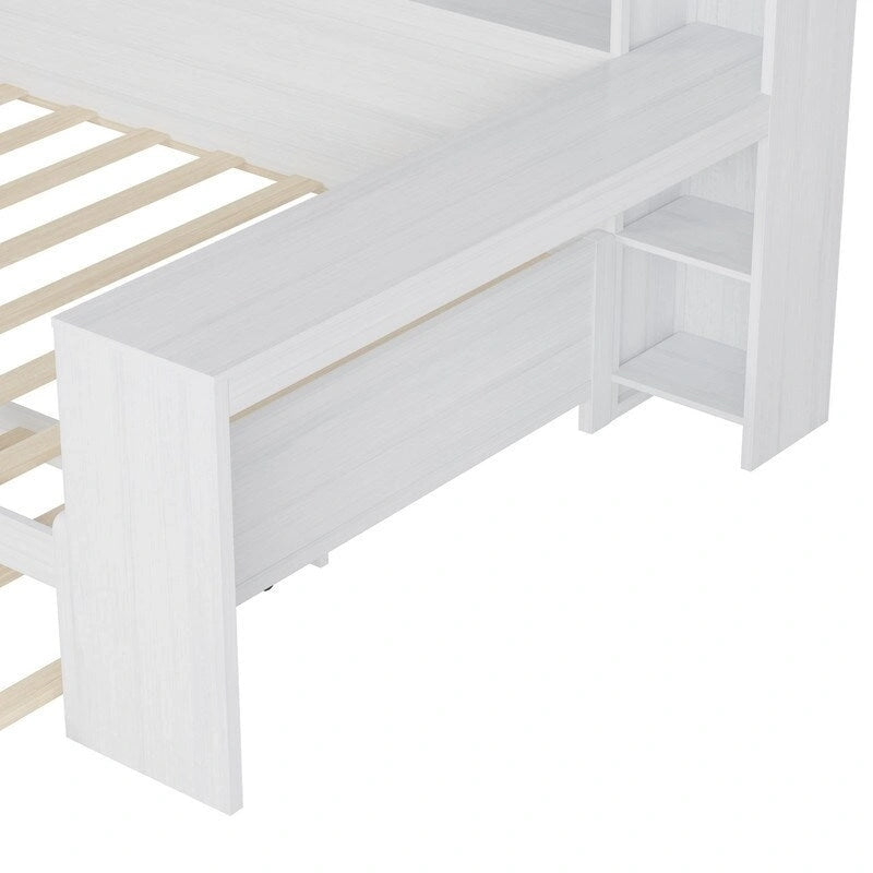 Lit de jour multifonctionnel double/grand format avec étagères de rangement et bureau, cadre de lit plateforme en bois avec lit gigogne double